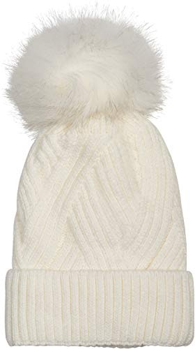 styleBREAKER Gorro de Mujer de Punto con pompón con Motivo de Punto Acanalado Diagonal y Forro Polar, Gorro de Invierno con pompón de Pelo, Pelo Artificial 04024167, Color:Blanco-Crema