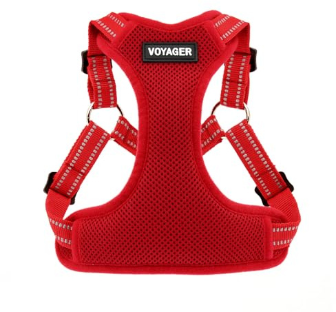 Voyager Verstellbares Hundegeschirr mit Reflektorstreifen by Best Pet Supplies - Strapazierfähige Ganzkörperweste ohne Zugkraft mit Leinen-D-Ring, atmungsaktiv, Rot, size XL