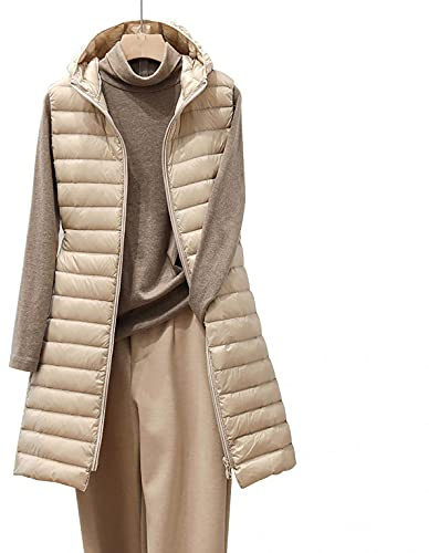 Gilet invernale da donna con cappuccio, giacca invernale lunga, trapuntata, per autunno, elegante, senza maniche, per le mezze stagioni, taglie grandi, trapuntato, con cappuccio, beige., M