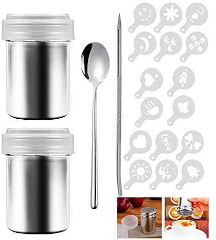 Spargi Zucchero in Acciaio Inox 304 Setaccio Cacao 2Pcs a maglia fine con coperchio per Cucina Cannella Cioccolato Caffe, 16 stencil per caffè, 1 Perno di Arte, 1 cucchiaio Metallo