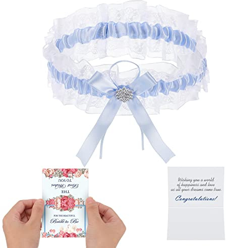 SATINIOR Garters Belt for Brides Blue Lace and Ribbon Elastic Bow with Congratulations Card, Wedding Gift for Party, Engagement, Bridal Shower(Light Blue)