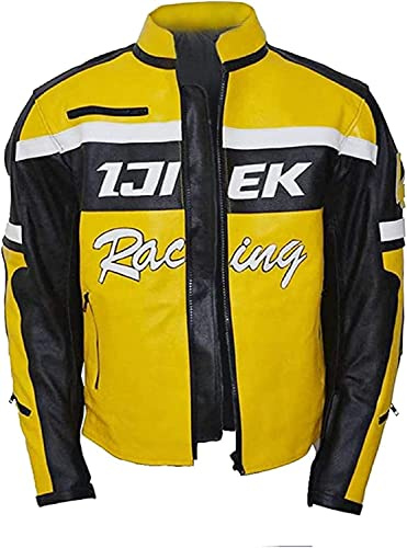MAXDUD Chuck Greene Veste de motard en cuir véritable pour homme Jaune et noir