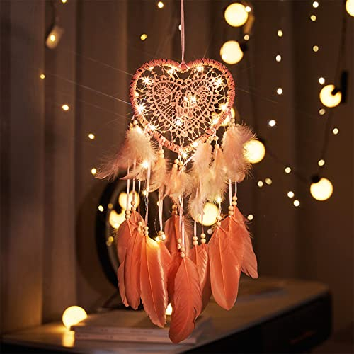 Bohemian Dekoration, Dsaren Led Traumfänger Mädchen Handgefertigt Dreamcatcher Spitze Traumfänger Federn für Gute Träume Wandbehang Auto Raum Mädchen Kreatives Geschenk (Rosa)