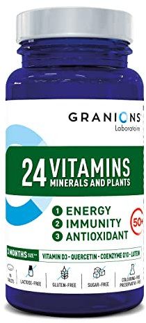 GRANIONS 24 VITAMINES - Multivitamines et Minéraux - Magnesium, Zinc, Vitamine C, Selenium, Coenzyme Q10, Luteine - Energie, Immunité - Vitamines Adultes - 90 Comprimés - 3 MOIS - Fabriqué en FRANCE