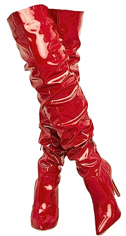 CRETUAO Botas tacón Alto por Encima la Rodilla para Mujer,Botas Altas hasta el Muslo Aguja elásticas con Punta Puntiaguda Sexy,Botas largas con Cremallera Espejo Charol a la Moda,Rojo,38 EU