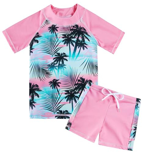 Fanient Girls Swimming Costume Two Pieces UPF 50+ Swimsuit Girls Hawaii Printed Short Sleeve Swimwear Sets Bathing Surfing 7-8 Years