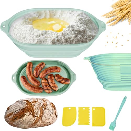 PTaizjjz Cestino per lievitazione del pane in silicone aggiornato, con anello in acciaio, cestino ovale pieghevole da 25,4 cm, strumenti per la preparazione del pane e kit per principianti