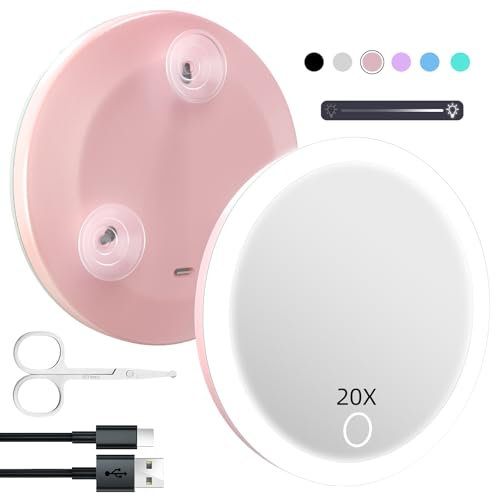 Specchio da viaggio con ingrandimento ricaricabile con luce e ventose, 10,2 cm, dimmerabile, ingrandimento 20x
