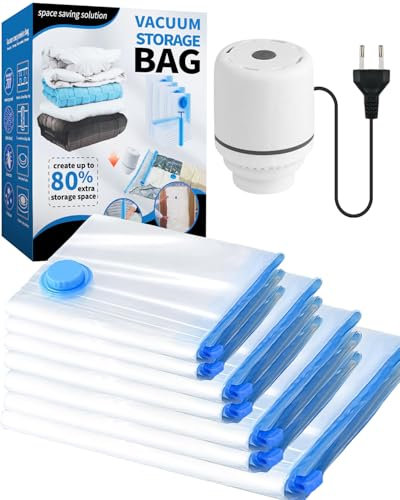 Sacchetti Sottovuoto Vestiti con Pompa Elettrica, 7 Pezzi Buste Sottovuoto Vestiti - 1 jumbo, 2 grandi, 2 medi, 2 piccoli per Coperte, Piumino, Cuscini, Trapunte, Viaggi, Traslochi