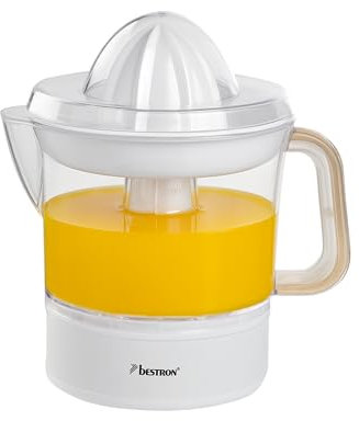 Bestron Presse-oranges et agrumes électrique, Inclut 2 cônes de pressage et un couvercle pour préserver l'arôme, Moteur à deux sens de rotation (gauche/droite), Capacité: 0.7 Litre, Couleur: Blanc