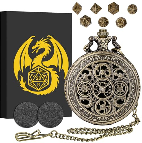 Mini DND Lot de Dés Steampunk Engrenage Creux Coquille de Montre de Poche, 7 Pièces Dés, Jeu de Dés D&D en Métal Polyédrique, Cadeaux DND avec Boîte, Accessoires de Jeux de Société de Rôle, Bronze