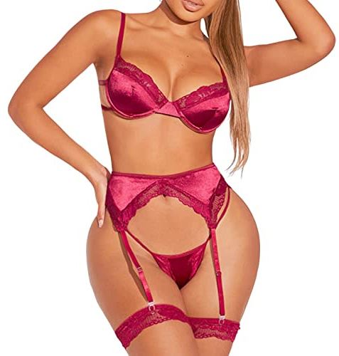 Ensemble de Lingerie Féminine Dessous Sexy Femme Sous-vêtements amusants pour femmes voir à travers les vêtements de nuit sexy soutien-gorge sangle Ensemble Lingerie Body Femme Sexy Chic (Red, S)