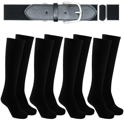 WYVAS Baseball- oder Softball-Socken und Gürtel, Kombi-Set, 4 Paar Fußball-Baseballsocken mit 1 Softball-Gürtel für Jugendliche und Erwachsene, Schwarz, Einheitsgröße
