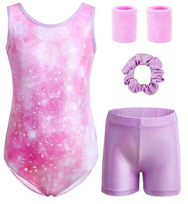 Tstiti 5-Piece Gymnastics Leotards for Girls with Shorts Scrunchie & Wristbands Toddler/Kids Dance Outfit
