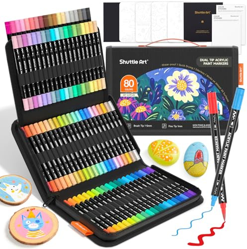 Shuttle Art 80 Colours Acrylic Paint Pens, Dual Tip Fine & Brush Acrylic Markers, Colouring Pens for Rock Painting, Ceramic, Wood, Fabric, Glass, Paint Pens Set for Kids Adults on Christmas Easter