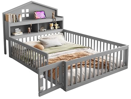 Goldicoo Montessori Golvsäng, hussäng, 140 x 200 – barnsäng av trä med skydd, ribbotten och hylla