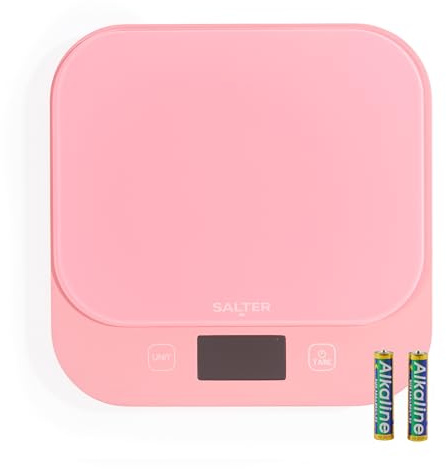 Salter British Bakes Bilancia da Cucina Digitale – Capacità Alta 10kg, Misura Liquidi, Impermeabile, Funzione Tara, Piattaforma in Vetro, Precisione 1g, Display Retroilluminato, Rosa