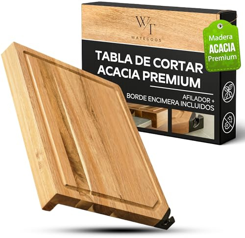 Tabla de Cortar de Madera de Acacia con Afilador Integrado – Tabla de Cocina 35x25 cm con Ranura para Jugos y Borde para Encimera – Antideslizante, Resistente y Fácil de Limpiar