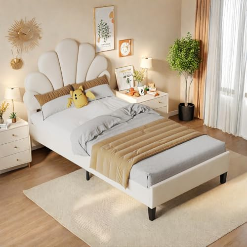 Lit rembourré, Cadre de lit Simple/Double avec tête de lit en Forme de Fleur et sommier à Lattes, pour Adolescente, Fille et Adolescente, Tissu Velours,sans Matelas (Beige, 90x200cm)