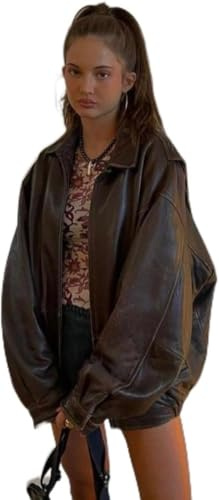 ELITE APPARELS Women's Retro 90s Leather Jackets Oversized Pure Leather Real Leather Motorcycle Biker Coat Moto Varsity Bomber Cardigan Jackets Fall Outwear Streetwear Brown (S/M)