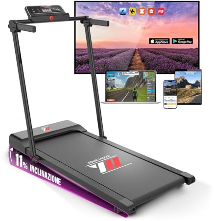 YM Tapis Roulant Elettrico Salvaspazio 12 km/h, MARCHIO ITALIANO, Tappeto Corsa MAXI 42cm, Telaio rinforzato, APP Interattive, Pieghevole, 12 Programmi, Your Move ASSISTENZA ITALIA