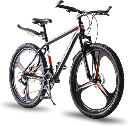LSBIKE 24/26/27.5 Inch Mountain Bike 21 Speed Drivetrain Bike Mountain Bicycle for Adult 3/10 Spoke Wheels bicycle Men Dual Suspension Hardtail Bike Women Sport Cycling (Black red, 26inch)