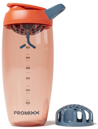Promixx Pursuit Proteinshaker – 760ml Tyst Snap-Fit-mixer för Klumpfria Shakes – Läcksäker BPA-fri Ecozen med Mätmarkeringar för Fitness och Resor – Bränd Orange
