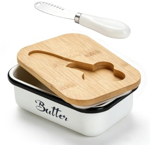 AiQInu Plato de Mantequilla, Mantequera de inoxidable con tapa de bambú y cuchillo multifuncional, Puede Contener 250g, contenedor de almacenamiento de mantequilla para nevera, encimera de cocina