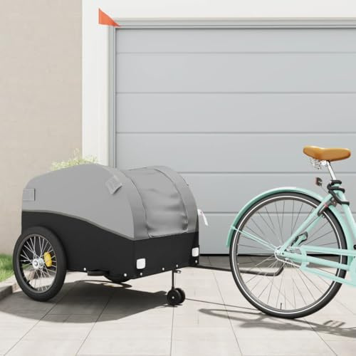 Kaloriko Remorque de vélo noire et grise avec capacité de charge de 45 kg, cadre en fer, 133 x 68 x 68 cm, convient pour les enfants, les chiens et les charges, avec drapeau de sécurité pour la vie