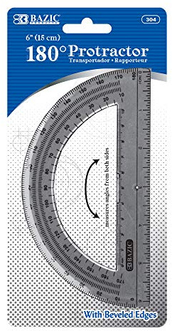 BAZIC Protractor Semicircular 6 Inch 180 Degrees, Plastic Math Protractors, Geometry Measuring Rulers Set, Clear Ruler for Students, 1-Pack