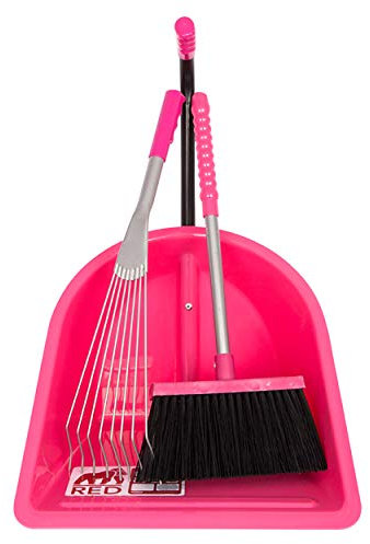 TEENIE TIDEE Mini Companion Set in Pink Short Metal Rake Mini Broom and Scoop Shovel for Horse Manure Multi Purpose Lightweight Dustpan Suitable for Children for Paddock Stable Garden Waste