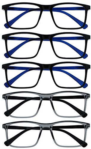 OPULIZE Ink Lessebrille 5er Pack Groß Rechteckig Rahmen Federscharniere Kratzfest Schwarze Grau Herren Damen RRRRR4-11177 +2.00