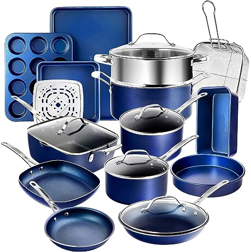 Ensemble de 20 casseroles et poêles Granitestone Blue, ensemble complet de batterie de cuisine et de cuisson avec surface minérale
