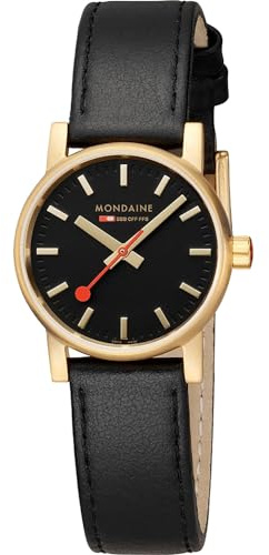 Mondaine - Evo2 MSE.30120.LB - Damen Uhr 30mm - Bahnhofsuhr in Gold mit schwarzem Lederarmband - 30m Wasserdicht Saphirglas - Hergestellt in der Schweiz