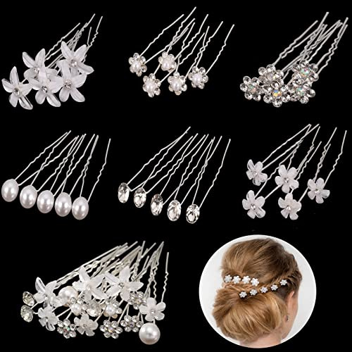AUXSOUL 30Pcs Bridal Hair Pins, Crystal Pearl Hair Pins U Shaped Diamond Hair Pin, Wedding Rhinestone Hair Clip for Women Girl (6 styles)