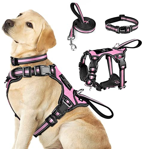 WINSEE Pet Harness Collar and Leash Set, All-in-one Reflective Dog Harness No Pull with Adjustable Buckles for Puppies, Small, Medium, Large, and Extra-Large Dogs (Large, Pink)