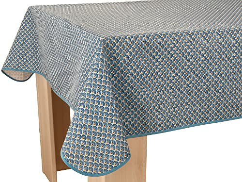 Le Linge de Jules Nappe Anti-Taches Paon Bleu foncé - Rectangle 150 x 200 cm, Bleu, Noir, Safran