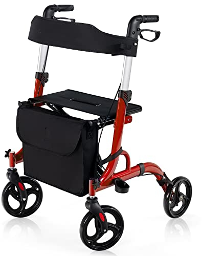 GYMAX Rollator Walkers, 4 Wheels Folding Medical Walking Aid with Seats, Adjustable Handle and Storage Bag, Lightweight Walking Frame for The Elderly & Disabled (Red)