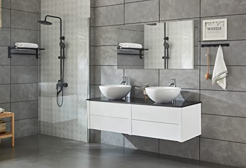 Arredo Mobile da Bagno Pensile Doppio, Bianco, 150 x 50 x 42 cm, Completo con Doppio Lavabo, Specchio e Rubinetteria Inclusi