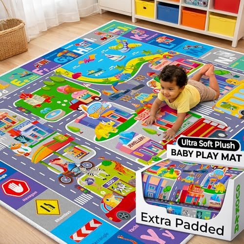 QUOKKA Floor Playmat for Babies Super Soft Plush ABC Play Mat for Kids Toddlers & Infants - Extra Thick (0.8cm) Large Padded Non-Slip Car Nursery Rug with City - Foldable Mat for Playroom