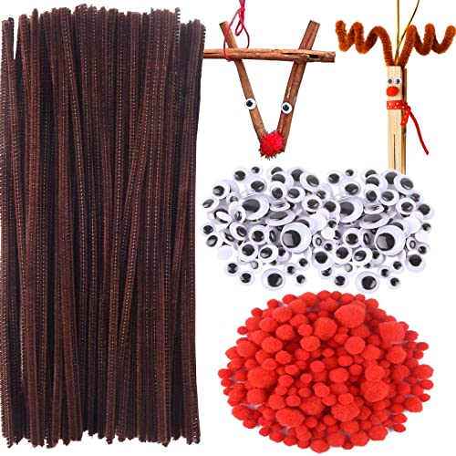 650 Stück Pfeifenputzer Braun Set, Pfeifenreiniger zum Basteln, Wackelaugen Selbstklebend, Rote Pompons, Süßigkeiten Tüten mit Twist Ties für Bonbons Kekse Rentier Bastelset Weihnachtsgeschenke