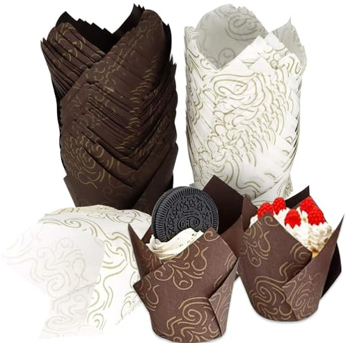 Tulpan bakformar, 120 stycken tulpaner muffinsformar papper tulpan, muffinsformar cupcake formar papper för bröllop födelsedagsfest bakning (brunvit)