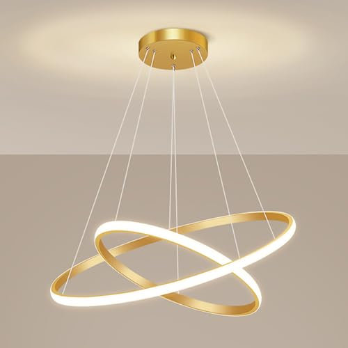 Modern LED Chandelier, 38W Round LED Pendant Light, Metal Chandelier Contemporary Ceiling Light, 2 Rings Pendant Light for Dining Room Kitchen Living Room Bedroom Bar (Gold)