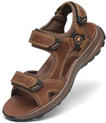 FLARUT Sandalias de los Hombres de Verano Zapatos de Senderismo Trekking Deportes al Aire Libre de Cuero Playa Dedo del Pie Abierto Deportivas Casuales(Marrón Claro,42)