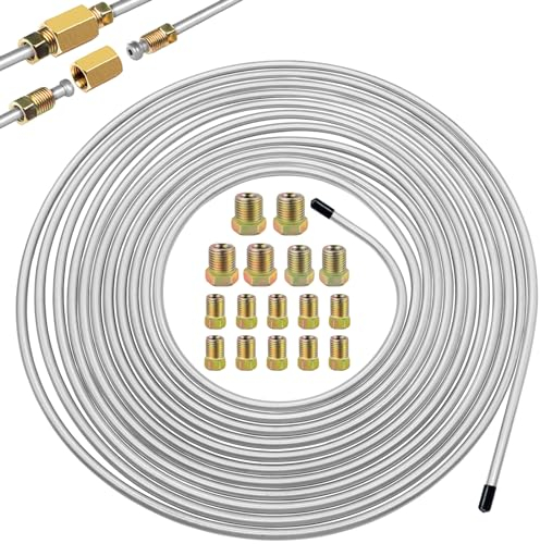 Eoppen 3/16inch x 25 ft Brake Line Tubing Kit Flexible Zinc Coated Alloy Brake Line Tubing Coil with 16 Inverted Flare Fittings SAE Standard