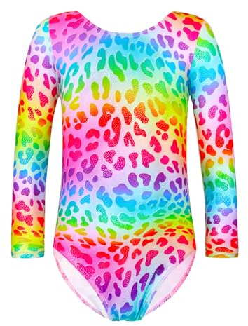 Snowheart Gymnastics Leotards for Girls Size 2t 3t Glittery Multicolor Rainbow Leopard Long Sleeve Practice Bodysuit