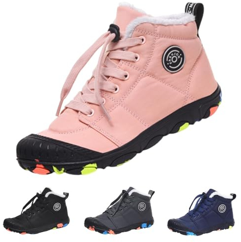Zapatos descalzos para niños, invierno, impermeables, zapatos descalzos para niños, otoño, forrados cálidos, zapatos de senderismo, ligeros, antideslizantes, botas de invierno, rosa, 33 EU