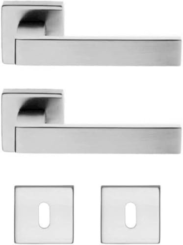 Generico Brackle Coppia Maniglie Per Porte Interne, Maniglia porta interna Modello AURA stile moderno Quadrata, complete di fissaggio e bocchette (Cromo Satinato)