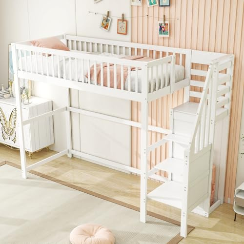 YESGIGA Cama alta 90 x 200 cm con escalera, cuna blanca de madera con estante de almacenamiento, armario sencillo (blanco, 90 x 200 cm)