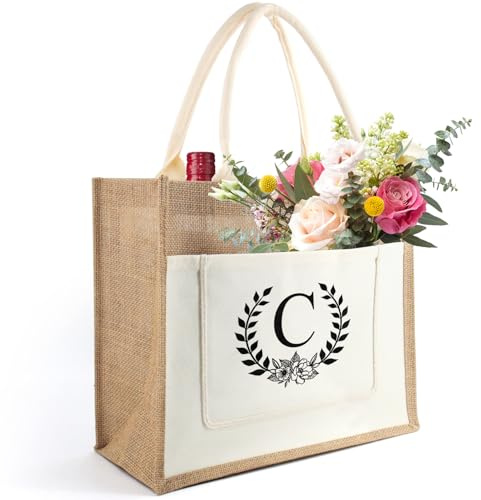 Personalized Initial Jute Tote Bag, Reusable Shopping Bag, Present Bag, Suitable for Wedding, Birthday, Beach, Holiday, Great Gift for Women, Mom, Teachers, Nurses, Best Friends, Bridesmaids(C)